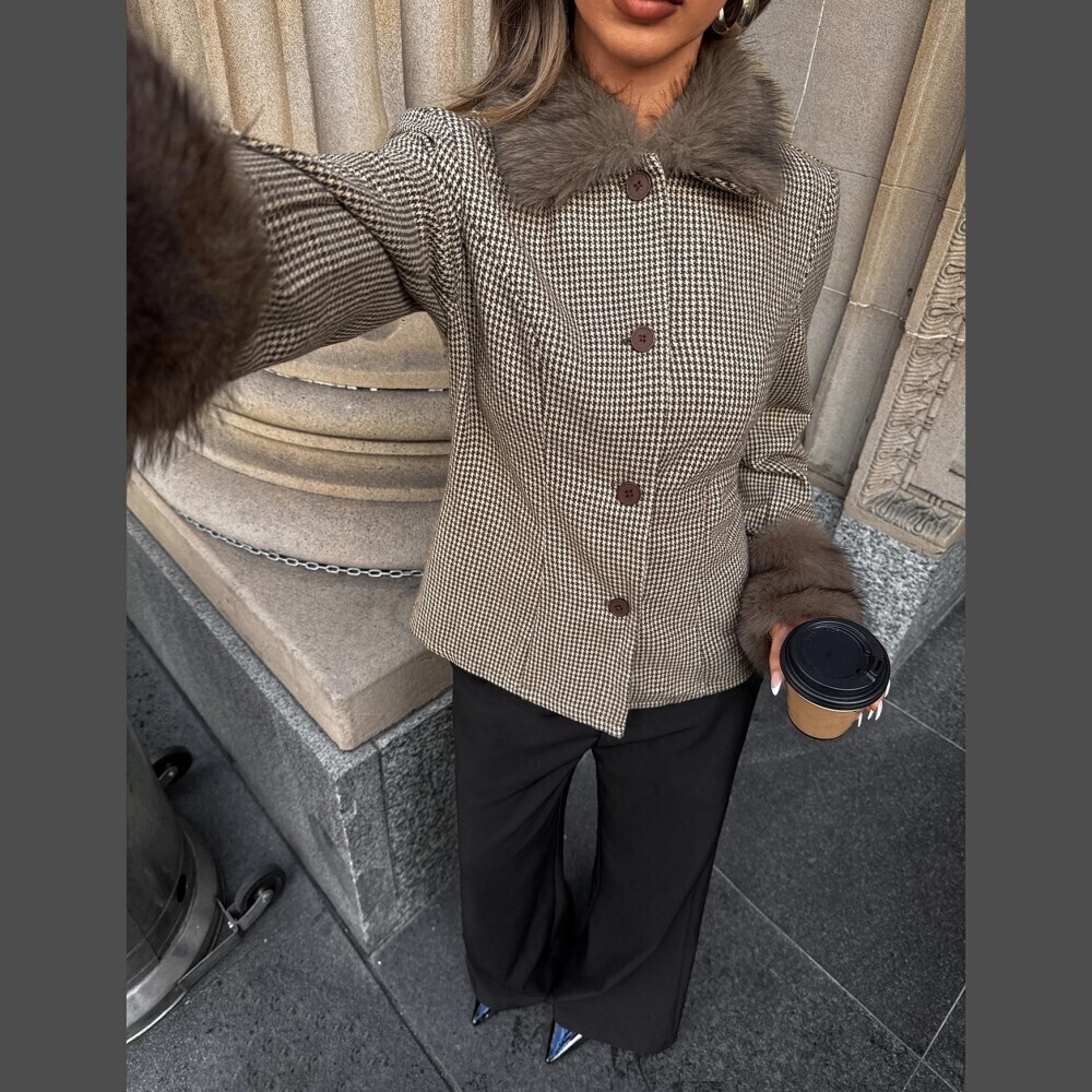 Brown Houndstooth Faux Fur Collar Button Front Short Blazer Jacket